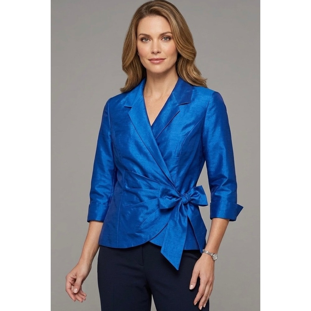 Alex Evenings Taffeta Wrap Blouse SP Royal Blue Side Tie 3/4 Sleeve Formal MOTB